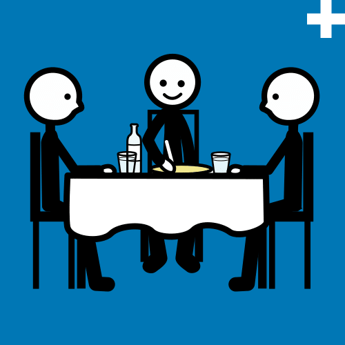 Pictograma simboliza el momento de comer. Alrededor de una mesa tres personas comen.