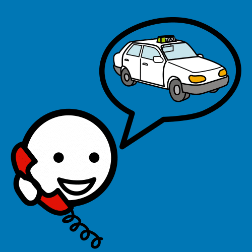 Pictograma que muestra a una persona llamando por teléfono. Un bocadillo contiene un taxi, lo que indica que llama para solicitarlo.