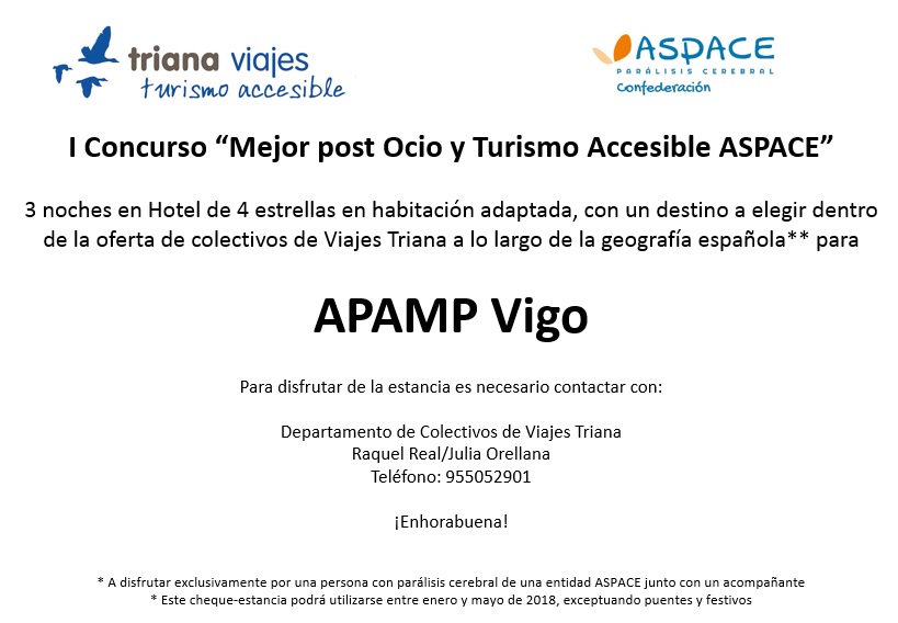 APAMP Vigo gana el concurso del “Mejor post” del blog de Ocio y Turismo accesible de Confederación ASPACE